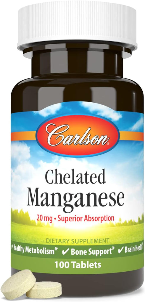 Carlson - Chelated Manganese, 20 mg, Superior Absorption, Healthy Metabolism, Bone Support & Brain Health, 100 Tablets...