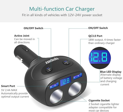 2 Sockets Cigarette Lighter Splitter, QC3.0+5V 2.4A Dual USB Car Charger, Separate Switch Voltage Display, 12/24V 80W Power Adapter Compatible iPh...