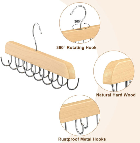 Belt Hanger for Closet, Sturdy Wood Belt Rack Closet Accessories with 14 Hooks Belt Organizer for Closet Organizers and Storage Max 42 Belts...