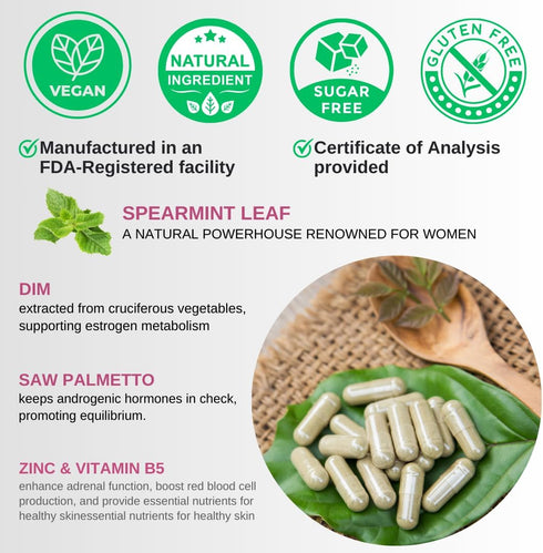 Spearmint Leaf Capsules Supplement - enhanced with DIM & Saw Palmetto, for Unwanted Hair, Women' Health & Skin *USA Made & Tested* - 1380mg/servin...