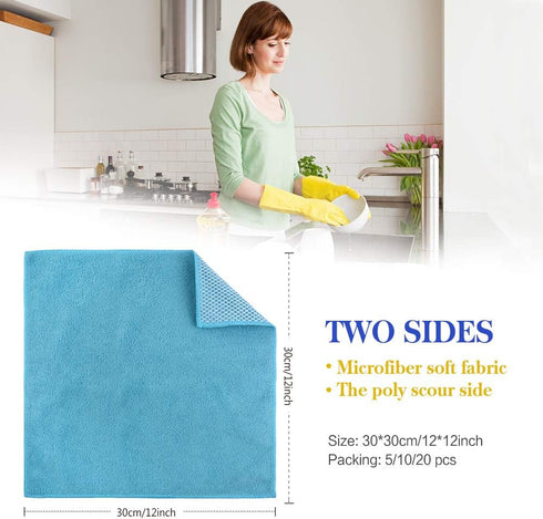 SINLAND 5 Color Assorted Microfiber Dish Cloth Towels Best Kitchen Cloths Cleaning Cloths with Poly Scour Side 12"x12" 5Pack (Pink+Blue+White+Yell...