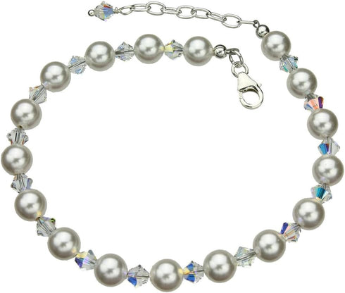 Sterling Silver Ankle Bracelet, Crystal Simulated Pearls 9"+1" Extender...