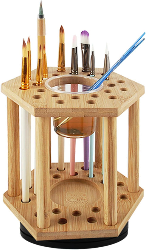 Rotating Paint Brush Holder 25 Holes Bamboo Display Drying Stand Artist Paint Brush Organizer Watercolor Brush Stand Rack Paint Brush Storage Art ...