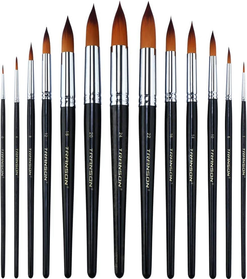 Transon 13pcs Round Paint Brush Set Synthetic Bristle Complete Round Brush Set for Watercolor Acrylic Gouache Ink Tempera...