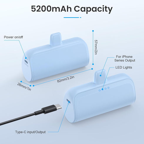 Mini Portable Charger Power Bank for iPhone,5200mAh Phone Charger, Ultra-Compact PD Fast Charging Battery Pack Compatible with iPhone 14/14 Plus/P...
