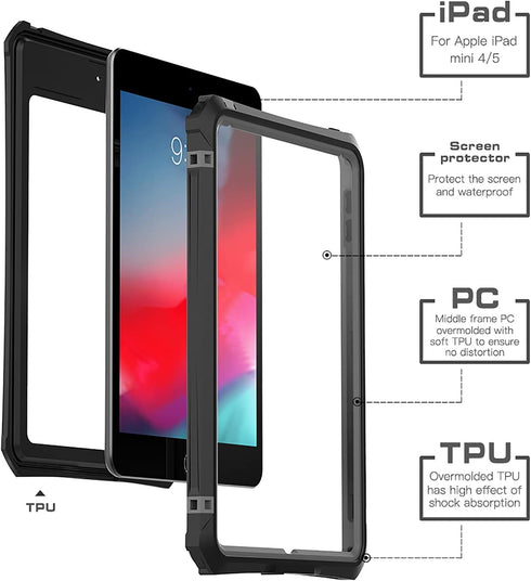 ShellBox Case for iPad Mini 5/4 7.9 Inches,Full-Body Protective Bumper Case,with Pencil Holder,Rugged Folding Kickstand,Lanyard,IP68 Waterproof Du...