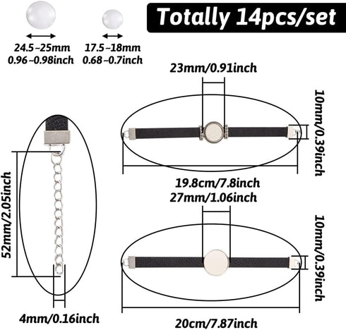 FASHEWELRY 14Pcs PU Leather Cord Bracelet Bezel Tray Blank Flat Round Cabochon Settings Bezel Tray Watch Bands Base Tray Bracelet Blanks with Glas...