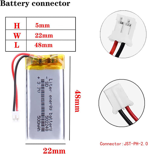3.7V Lipo Battery 500mAh Rechargeable Lithium ion Polymer Battery 502248 Lithium Polymer ion Battery with JST Connector...