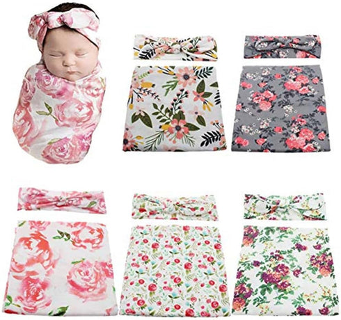 Infant Floral Swaddle Wrap with Headbands Hats Value Set Newborn Receiving Blanket Photography Props 35X35inch (Gray-2)...