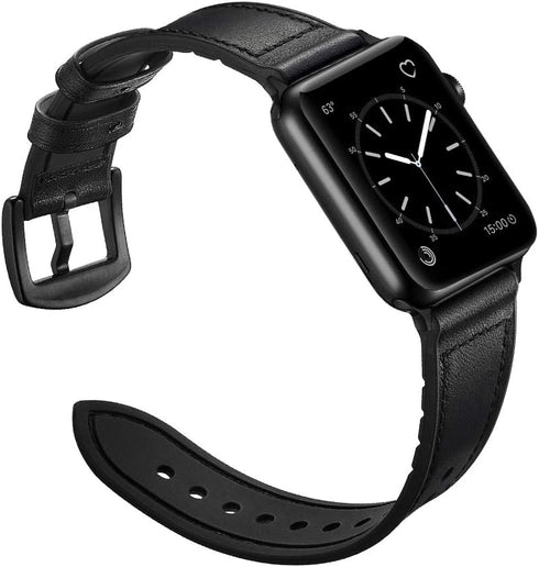 OUHENG Compatible with Apple Watch Band 49mm/46mm/45mm/44mm/42mm, Sweatproof Genuine Leather and Rubber Hybrid Band for iWatch Ultra 2/1 Series 10...