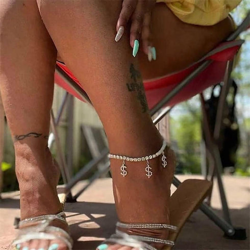 Urieo Gold Rhinestone Anklet Chain Dollar Pendant Foot Chain Double Layered Anklets Bracelets Summer Beach Jewelry for Women Pack of 2...