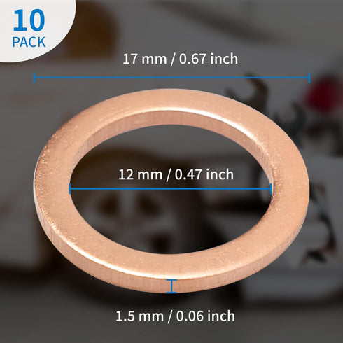 M12 Copper Oil Drain Plug Crush Washer Gasket Fits for BMW, M12 x 17 x 1.5, 10 Pack...