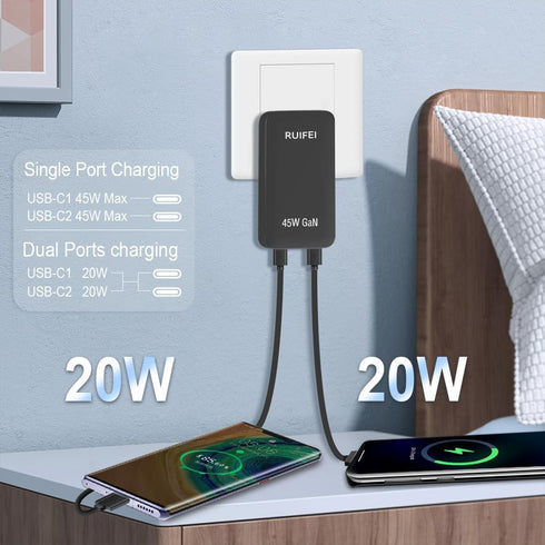 Flat USB C Wall Charger, 45W USB c Charger, Dual USB C Charger with Foldable Plug for Travel with PD 3.0 and GaN, Fast Charging for Laptops, Table...