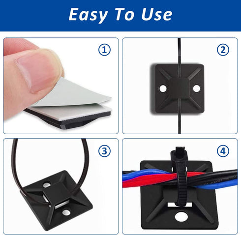 100 Set Cable Zip Tie Self Adhesive Mounts Kit with 6" Zip Ties, 3/4" Wire Holders Squares, Screws - Sticky Wire Fasteners Cable Clips Management ...