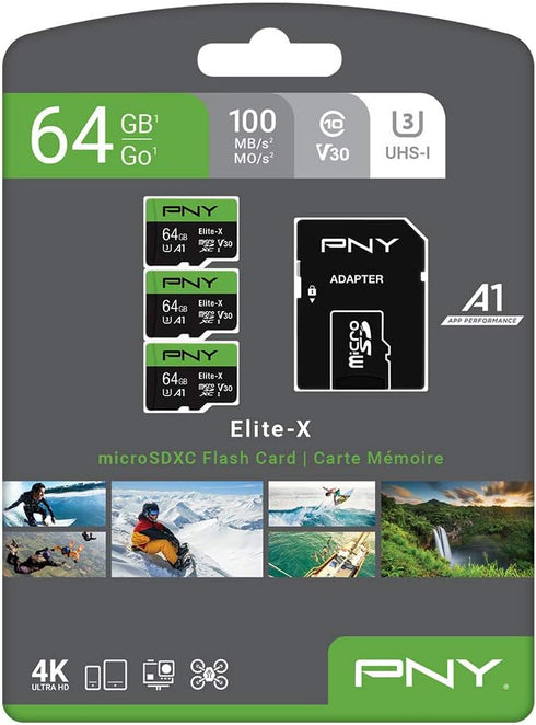 PNY 64GB Elite-X Class 10 U3 V30 microSDXC Flash Memory Card, 3 Count (Pack of 1) - 100MB/s, Class 10, U3, V30, A1, 4K UHD, Full HD, UHS-I, micro ...