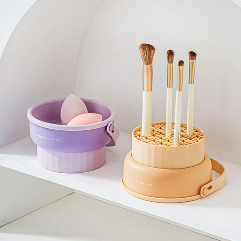 3 in 1 Silicone Makeup Brush Cleaner Bowl, Make up Brush Cleaner Mat with Makeup Brush Drying Holder and Comestic Brush Organizer, Paint Brush Cle...