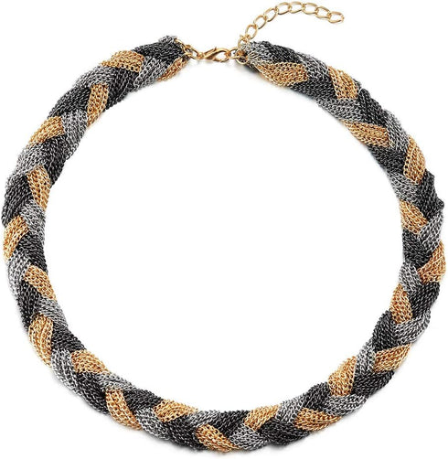 COOLSTEELANDBEYOND Unique Silver Grey Black Gold Statement Necklace Multi-Layer Braided Chains Bib Choker Collar, Party...