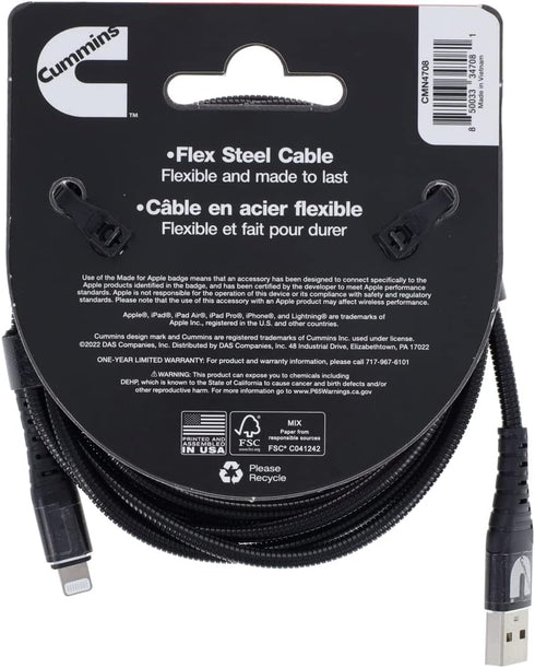 Cummins Lightning(R) to USB Cable MFi-Certified Compatible with Most Apple(R) Devices Plus Wrap Attachment 8ft CMN4708...
