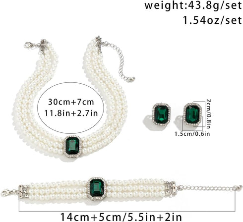 Vintage 4pcs Pearl Gemstone Choker Necklaces Earrings Bracelet Set 1920s Costume Party Pearl Jewelry Multilayer Gemstone Rhinestone Elegant Bridal...