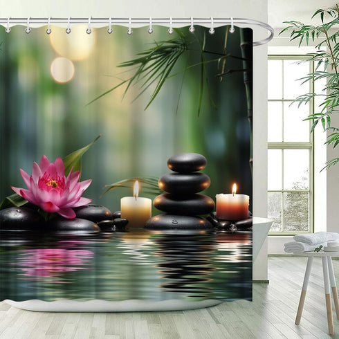 Zen Shower Curtain Asian Lotus Bamboo Zen Stone Floral Water Ripple Spa Relaxation Elegant Plant Wildflower Rustic Bathroom Decor Curtains 70x70 i...