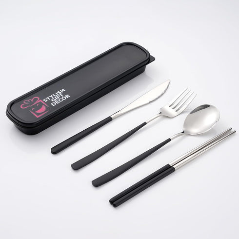 18/10 Portable Cutlery Spoon Fork Chopstick Gold Flatware Set with Case Travel Camping Outdoor Cutlery Set Stainless Steel-Black, Large...
