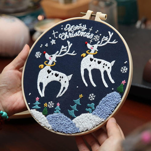 Gogobear 7.9" Desktop Wall 3D Art Embroidery Painting Adult Beginner Handmade Embroidery DIY Christmas Elk Material Kit Complete Set Includes All ...