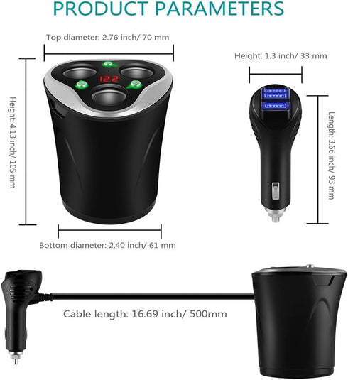 3 Socket Cigarette Lighter Splitter Power Adapter + 3 USB Car Charger 120W 12V/24V DC Outlet with Volt Meter, On/Off Switch for Cell Phone GPS Das...