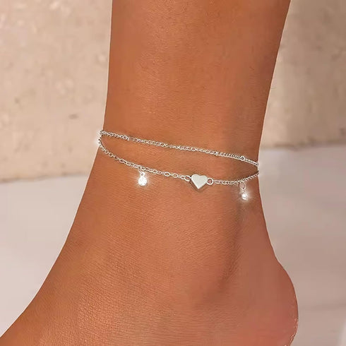 Anklet Bracelets for Women, Layered Heart Ankle Bracelet Silver Plated Cubic Zirconia & Heart Charm Anklets for Women, Summer Foot Jewelry Anklets...