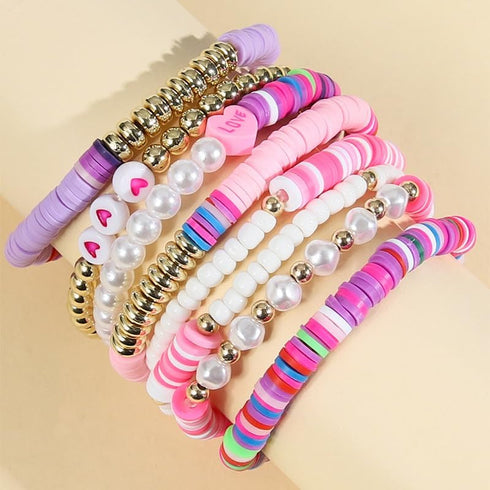 5-12Pcs Surfer Bead Bracelets Set Y2k Star Love Heart Charms Bracelets Vinyl Disc Heishi Colorful Clay Beaded Stretch Bracelet for Women Boho Summ...