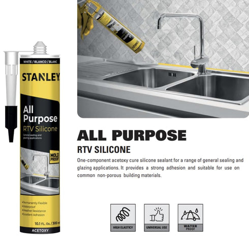 Stanley All Purpose RTV Silicone Sealant - 1x10.1 fl. oz. Gray, Window and Door Caulk,%100 Silicone Waterproof and Flexible Sealar for Kitchen & B...
