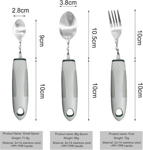Adaptive Utensils (3Piece Kitchen Set), Right Handed Curved Spoon and Fork, Non-Slip Handles for Hand Tremors, Arthritis, Parkinson's Elderly use ...