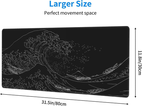 Japanese Sea Wave Extended Big Mouse Pad Large,XL Gaming Mouse Pad Desk Pad,31.5x11.8inch Long Computer Keyboard Mouse Mat Mousepad with 3mm Non-S...