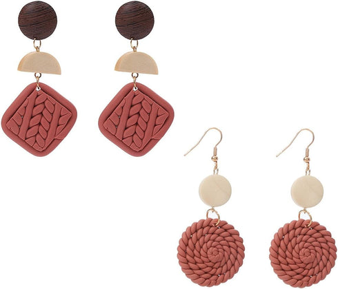 2pcs Polymer Clay Rattan Flower Stud Earring for Women Handmade Woven Statement Boho Lightweight Wicker Straw Drop Dangle Earrings Jewelry Gifts...