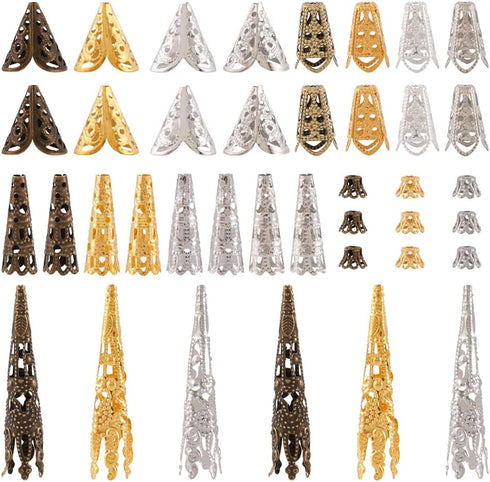 Long Flower Bead Caps Hollow Cones Filigree Bead End Cap 5 Styles Pendant Cover Spacer Filigree Metal Embellishments for Tassel Jewelry Craft Brac...