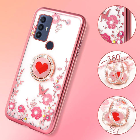 for TCL 30 SE Case (6.52-inch) Girls Women Cute Butterfly Red Heart Clear Soft Silicone Phone Case with Ring Stand Strap Lanyard Shockproof Protec...