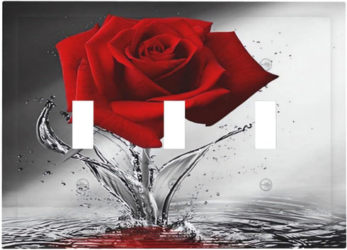 Rose 3 Gang Triple Toggle Light Switch Wall Plate Cover Romantic Floral Blossom Red Rose Reflection on Water Decorative Electrical Faceplate Black...