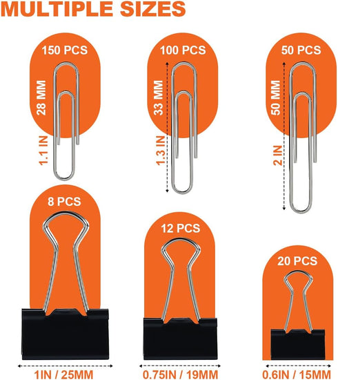 340 Paper Clips and Binder Clips Assorted Sizes Large Medium & Small Paper Clips Nickel Coated Clips- - Office Supplies for Home, Schools and Offi...