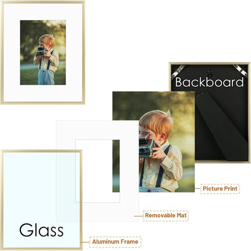 Frametory, 8x10 Gold Aluminum Picture Frame - Set of 1 - Ideal for Displaying 5x7 Photos with Mat or 8x10 Without Mat - Real Glass Front - Simple ...