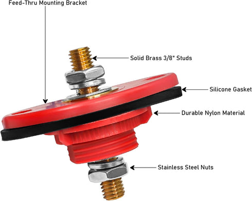 Recoil BTTP-38 Premium High Current 3/8” Feed-Thru Panel Battery Terminal Connectors with Silicone Terminal Covers, Red & Black Pair...