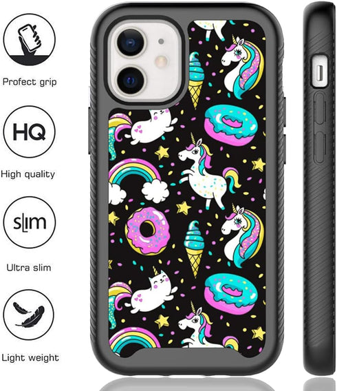 Compatible with iPhone 12 Mini, Rainbow Unicorn Black Pattern Dual Layer Heavy Duty Shockproof Shockproof Defender Transparent Bumper Back Cover P...
