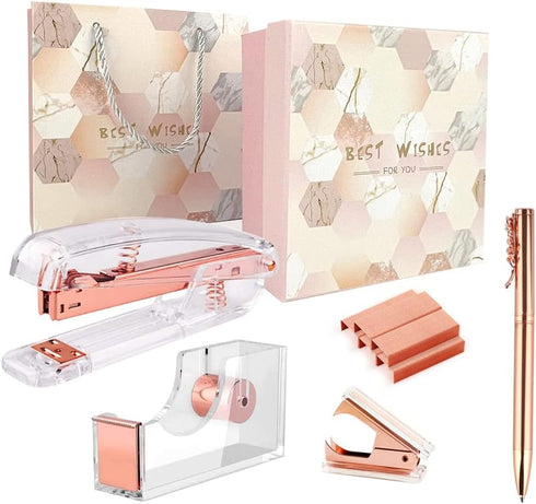 Owfeel Desk Accessory Kits Rose Gold 4pcs Acrylic Stapler & Tape Dispenser Set, Tape & Stapler Desk Set Rose Gold As The Halloween Chirismas Thank...