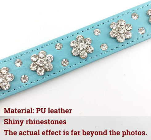 Rhinestone Flower Dog Collar - Sparkling Leather Pet Collar - for Small and Medium Dogs (Blue M)...