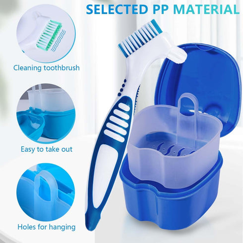 Blue Denture Bath Case Cup Box Holder Storage Container with Denture Cleaner Brush Strainer Basket for Travel Cleaning...