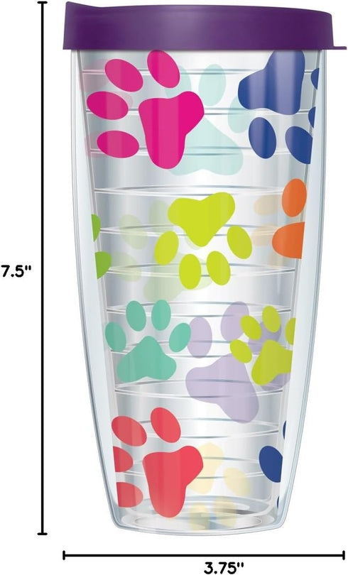 Colorful Paw Prints Wrap on Clear w/Eggplant Purple Lid Tumbler Cup 22 Oz | Fantastic Temperature Retention, Thermal Insulated! Dishwasher and Mic...