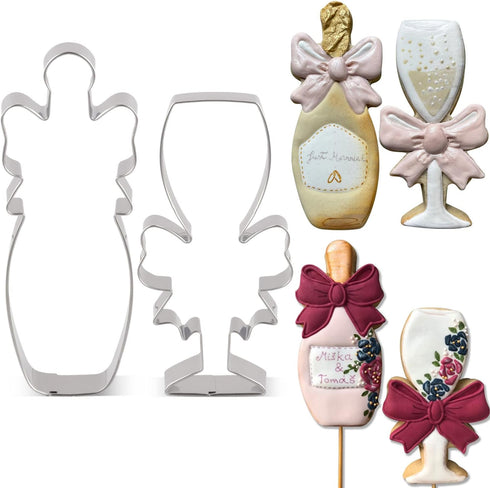 LILIAO Champagne and Champagne Glass with Ribbon Cookie Cutter for Wedding/Engagement - Stainless Steel...