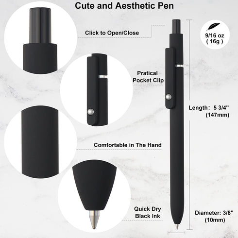 6 Pack Gel Pens, Black Ink Pens Fine Point Smooth Writing Pens Bulk, Soft Touch Cute Pens Aesthetic School Supplies, 0.5mm Black Pens for Journali...