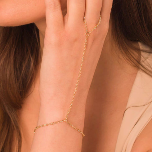 Dainty Gold Hand Chain Bracelet,18K Real Gold Plated Minimalist Handmade Beaded Finger Chain Bracelets for Women...