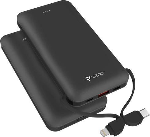 VENA 10,000 mAh Portable Battery Charger with Built-in USB-C & MFI Lightning Cable, 4 Output 2 Input (Quick Charge 3.0 & Power Delivery) 18W High ...