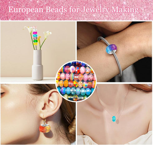 230 Pcs Large Hole Glass Beads for Jewelry Making, European Beads Bulk Mixed Color Spacer Beads with Rhinestones Lampwork Beads for DIY Craft Char...