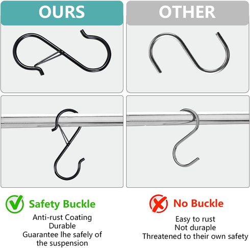 6 S-Hooks with Safety Clasps, Rustproof Coated S Metal Hooks for Hanging Plants, Kitchen Utensils, Jeans, Bags, Pots and Pans, 3.5-Inch, Black...